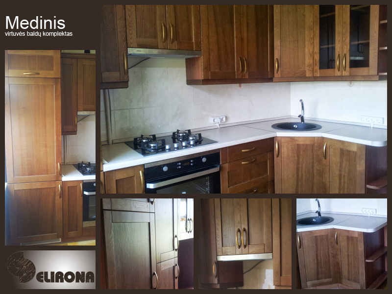 Medinis virtuvės komplektas su lygaus filingo medinėmis durelėmis.
